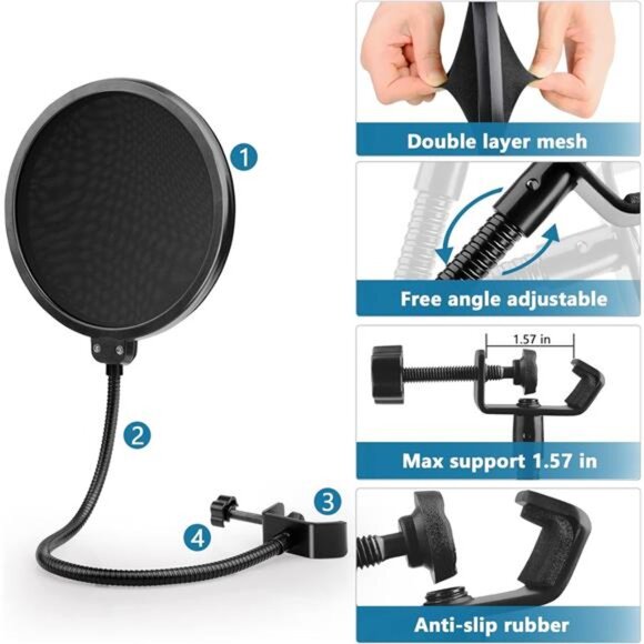 Pop Filter for Hyperx Quadcast,3 in 1 Quadcast S Mic Pop Filter+Furry Windscreen - Picture 4 of 7